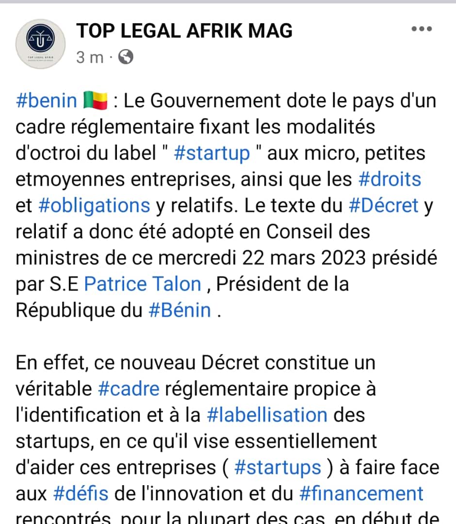 LegalMag's tweet photo. #Benin 🇧🇯 : Le Gouvernement dote le pays d'un cadre réglementaire fixant les modalités d'octroi du label "#Startup" aux micro, petites et moyennes entreprises, ainsi que les droits et obligations y relatifs, suite à la décision prise en CM du 22/03/23 présidé par @PatriceTalonPR. https://t.co/UN2W81dzPt