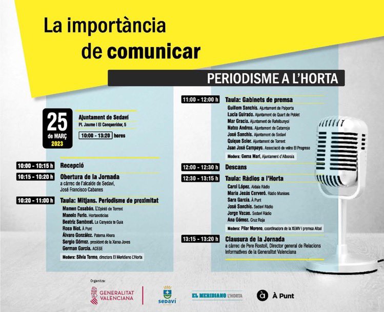 Jornada ‘La Importancia de comunicar. Periodismo en l’Horta’ 🗞️

📍 Desde Sedaví 

🤝🗣️ Con la colaboración de <a href="/apunt_media/">À Punt</a>, <a href="/sedavicomunica/">Sedaví</a> y <a href="/MeridianoHorta/">El Meridiano</a> 

📲 Síguelo en este enlace👇🏻

youtube.com/live/1vnP1iC5y…