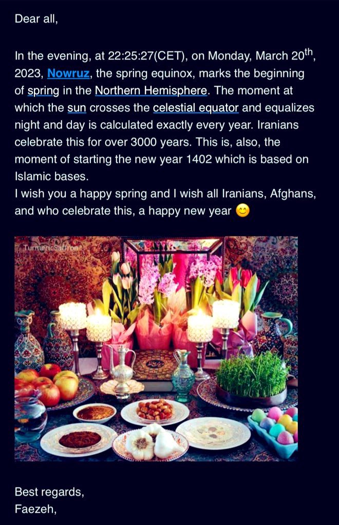 Faezehrahimimd1's tweet photo. Nowruz🌸🌸
I am glad for receiving many kind replies to my email which was sent to @MDC_Berlin members. Informing people about happy events like Nowruz as the start of spring is a beautiful part of our Iranian culture. We celebrated this day in our multicultural @BUFF_MRI group. https://t.co/kljmznRH6Z