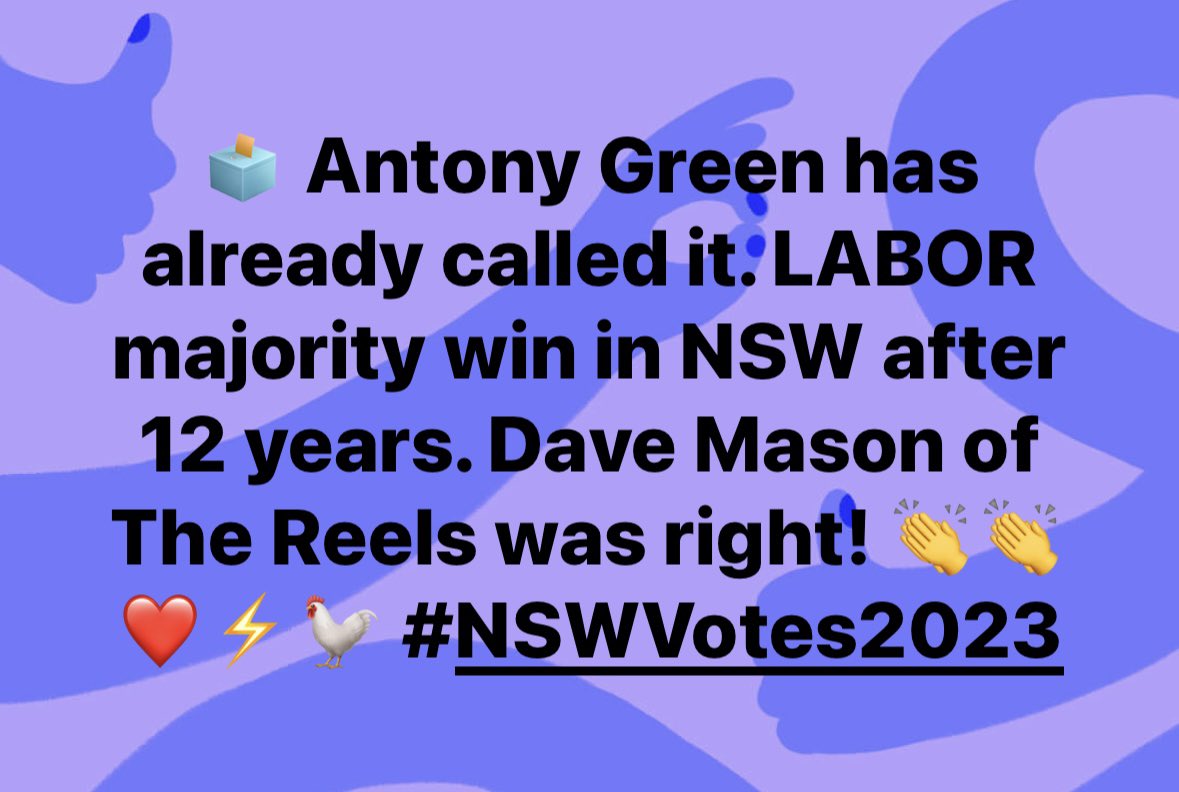 CarbieWarbie's tweet photo. 🗳️ @AntonyGreenElec has already called it. LABOR majority win in NSW after 12 years. Dave Mason of #TheReels was right! 👏👏👏❤️⚡️🐓 #NSWVotes2023 https://t.co/SM0pLNfXmF