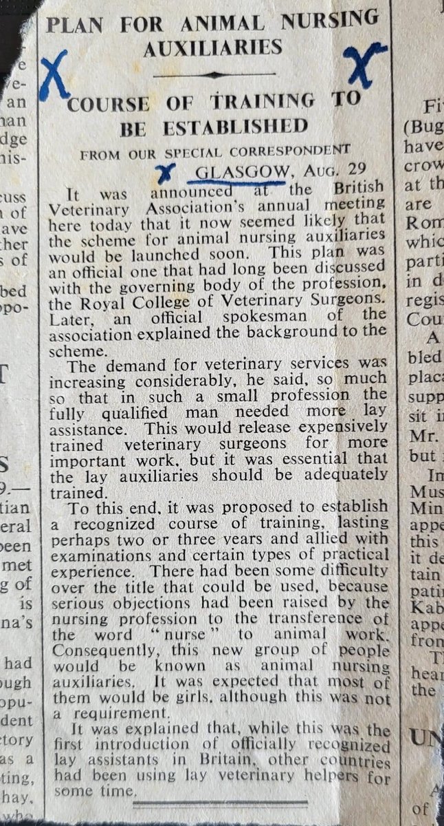 Supporting @BVNAuk with their campaign to protect the title Veterinary Nurse is a key policy priority for @BritishVets. It's interesting to read this cutting from the 1950s and see how differently we now think about veterinary professionals and certainly gender equality! #TeamVet