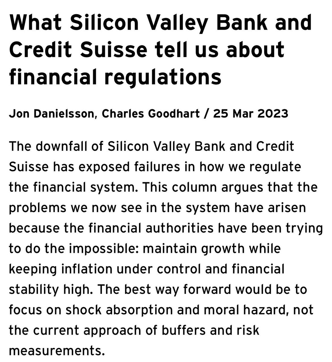 BaldwinRE's tweet photo. In this @voxeu  column Charles Goodhart &amp; Jon Danielsson argue the bank problems arise because authorities try to do the impossible: 
👉maintain growth 
👉keep inflation low
👉 keep financial stability high
@cepr_org 
•
@JonDanielsson @LSEnews 
https://t.co/wBMxugc1Gi https://t.co/HXuTNqASLu