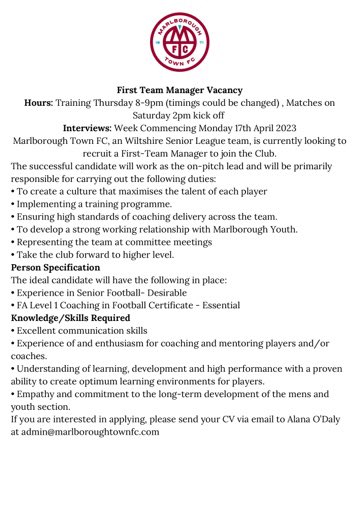 MTFC first team manager vacancy. We would like to thank Fordy for everything he done & doing for the club and we are pleased he will be staying with us but moving into a new roles next season. @WiltsLeague @MarlboroNews @MarlbSports @WiltsCountyFA @nwyfleague @Sport4Wiltshire