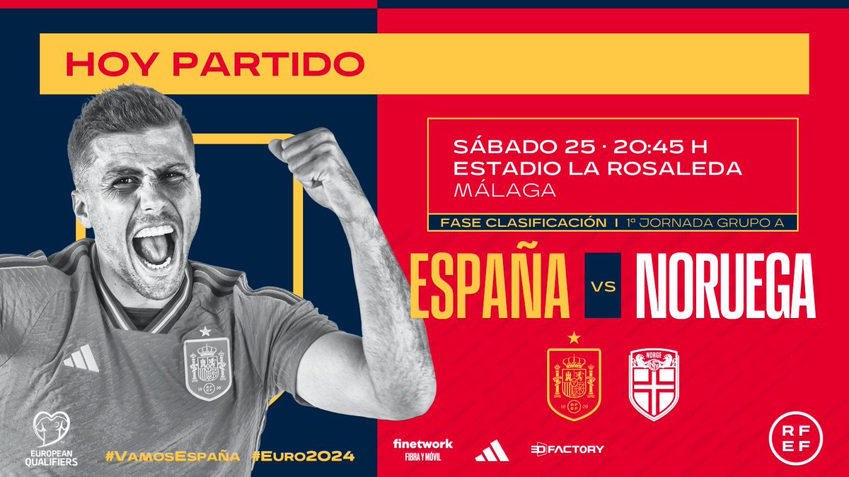 🚨¡¡HOY JUGAMOS!!🚨
⚽ ESPAÑA - Noruega
🏆 Fase de clasificación #EURO2024 
🗓️ Jornada 1 | Grupo A
🕘 20.45 horas
🏟 Estadio La Rosaleda
📍 Málaga
📺 <a href="/La1_tve/">La 1</a>
✍️🏻 PREVIA | bit.ly/previa_250323 
#⃣ #VamosEspaña