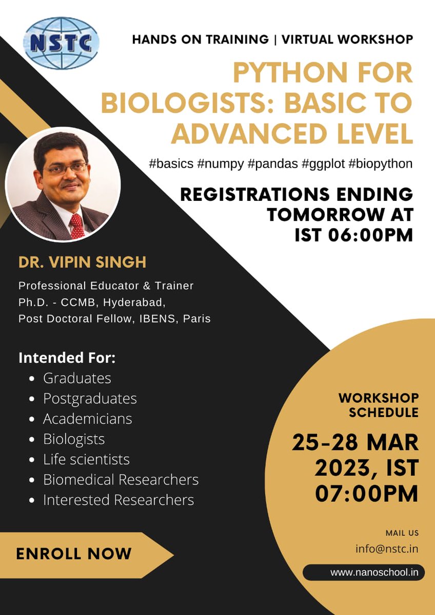 dr_vipin_singh's tweet image. Registration ends at 6:00 pm today
Topics covered - Python basics and #data_structures,
data analysis with #Pandas and #Numpy, Data Visualization with #ggplot #Sequence Analysis with #Biopython
Enroll here - lnkd.in/dU54p2N4
for more information - lnkd.in/dC5vAWKJ