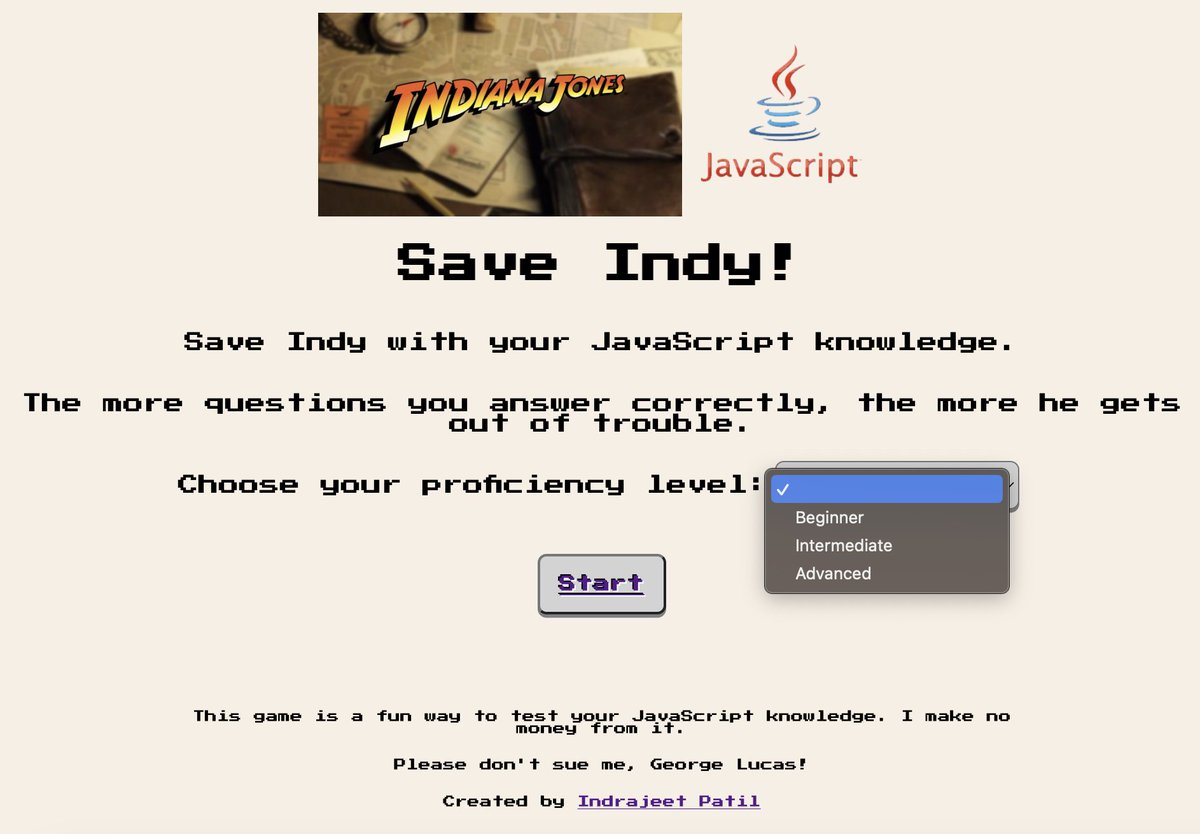 If you are looking for a fun way to test your #JavaScript knowledge, I have built a simple game. The goal is not to *teach* you JavaScript, but to *test* if you've understood the language features and data structures. indrajeetpatil.github.io/save-indy/ Let me know if you've any feedback.