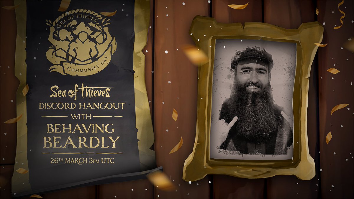 SeaOfThieves's tweet photo. Head over to our Discord server this weekend and hang out with some of your favourite Sea of Thieves Creators! Your schedule of Discord shenanigans is as follows:

🕚 Sat, 11am UTC - @RealLifeWookie
🕓 Sat, 4pm UTC - @Captain_Falcore
🕒 Sun, 3pm UTC - @BehavingBeardly https://t.co/Io9qlQXRln