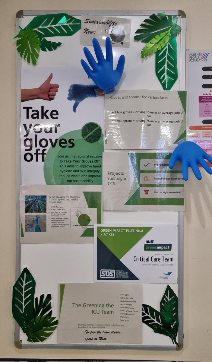 Sustainability notice board updated ready to launch #glovesoff in Critical Care. Auditing shows lots of overuse! I did sacrifice two gloves but it really makes the board stand out! <a href="/clark_samr/">Sam Clark</a> <a href="/gallagher_rose/">Rose Gallagher MBE 🇺🇦</a> <a href="/ClareNash20/">NetZeroNurse 💙💚 RN 🌍</a> <a href="/SWBH_Sustain/">SWB NHS Sustainability</a> <a href="/MrDShakespeare1/">David Shakespeare</a> #greeningtheicu