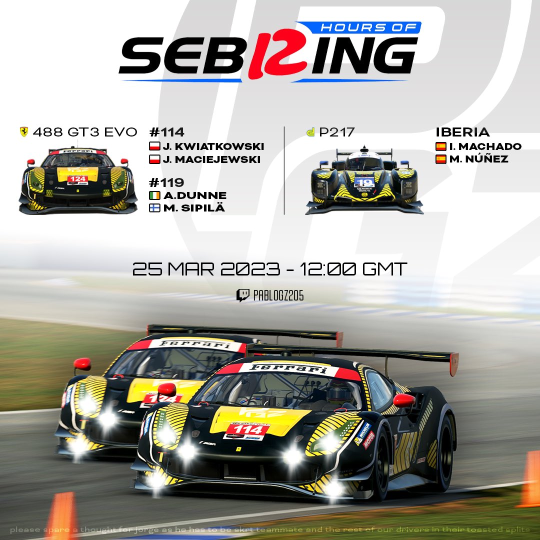 PGZMotorsport's tweet photo. Main event!

Humble PGZ vs multimillion orgs

@vcoesports 12h of Sebring time. Will be a crazy strong field but the guys are more than ready to fight.
If everything goes butter smooth should be a good race 🧈

Let’s go PGZ 👊 https://t.co/MbEYxyfTYq