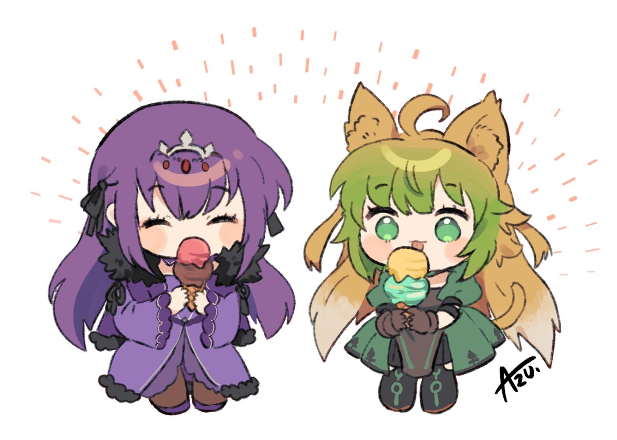 atalanta (fate) ,scathach (fate) ,scathach skadi (fate) 2girls multiple girls food animal ears ice cream green eyes dress  illustration images