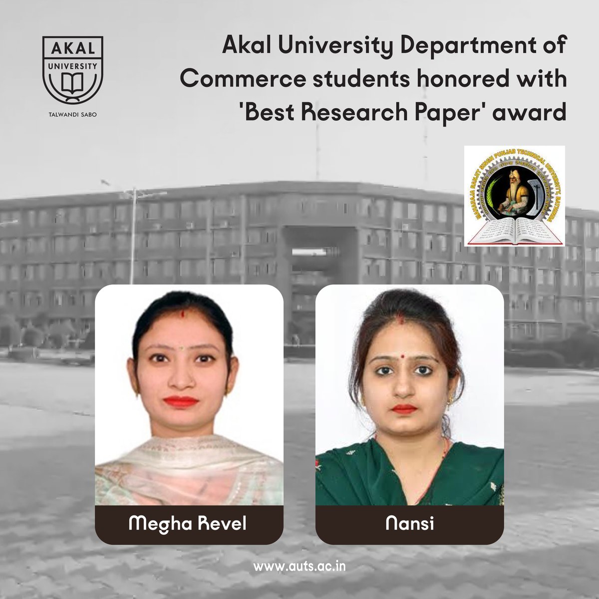 UniversityAkal's tweet photo. Akal University Department of Commerce students honored with 'Best Research Paper' award

At Akal University, we are dedicated to fostering a culture of research and innovation. We are delighted to announce that Megha Revel and Nansi from our Department  
https://t.co/ArTrMF8upo https://t.co/wlyvWdaVqr