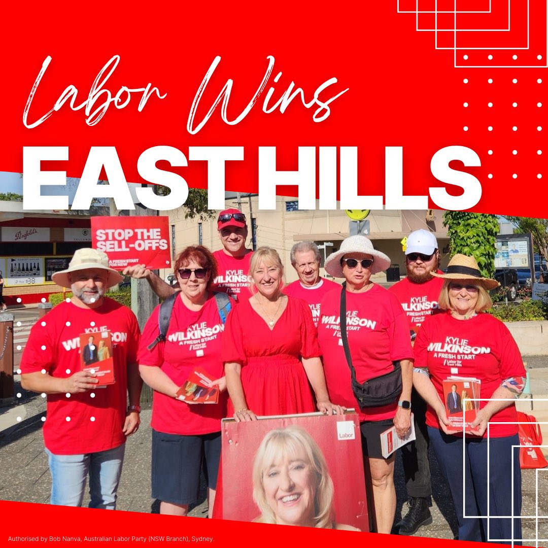 NSWLabor's tweet photo. Labor wins East Hills! Congrats Kylie Wilkinson 🥳 https://t.co/ETAkCTbun7