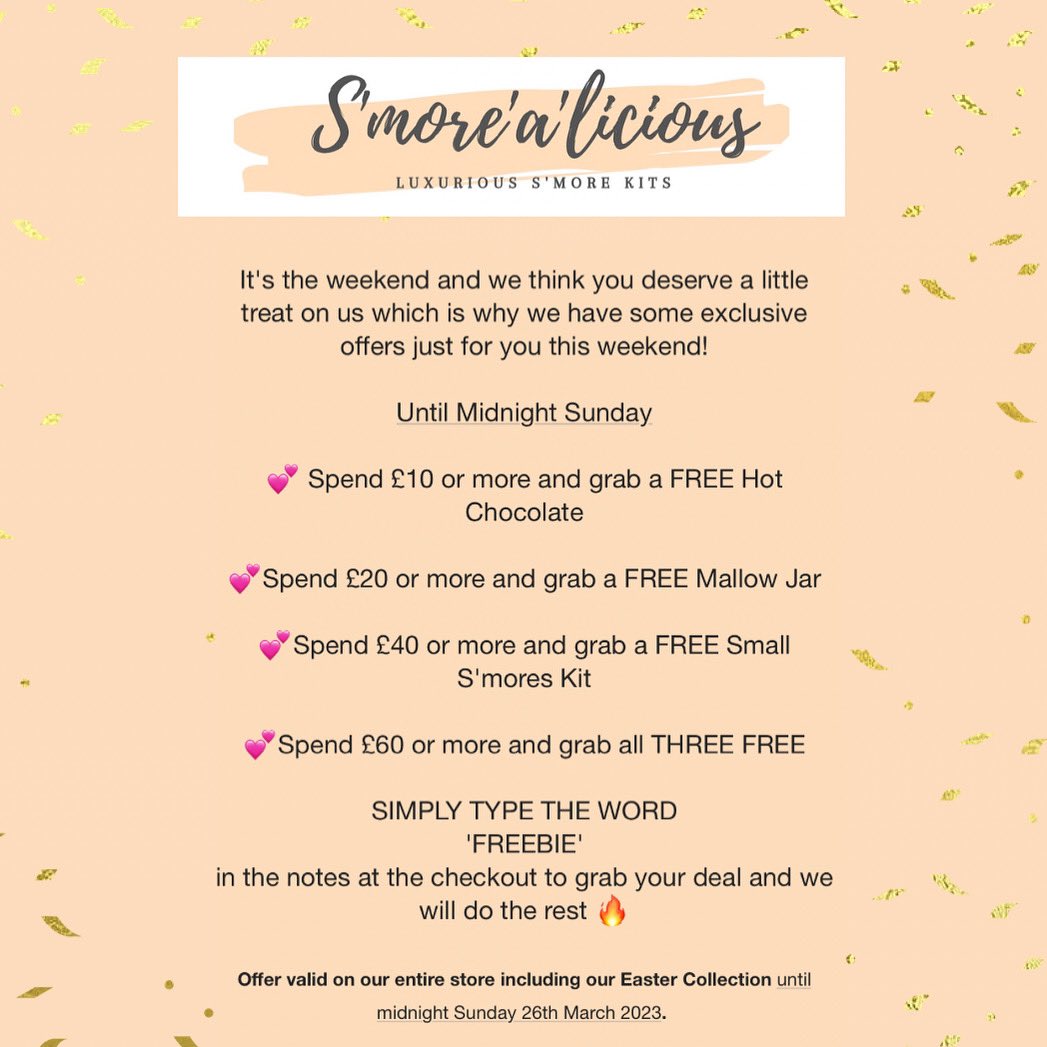smorealicious's tweet photo. It’s finally the weekend 🙌🏻 and this is your sign to treat yourself 🤩
Be sure to grab your offer at the checkout 💗 tag a friend who loves a freebie ⬇️⬇️⬇️⬇️
#weekendfood #smores #smore #mallows #handwrittennotes #smoreskits #smorealicious #friendshipqoutes #igmums #marshmallowfluff #gourmetmarshmallows #toastedmarshmallow #giftingidea #postaltreats #letterboxtreats #bestfriendquotes #giftingsolutions #eastertreats #treatyourself #halalfood #irelanddaily #positivewords #bekind #bbcgoodfood #easterfood #glutenfreetreats #bestiememes