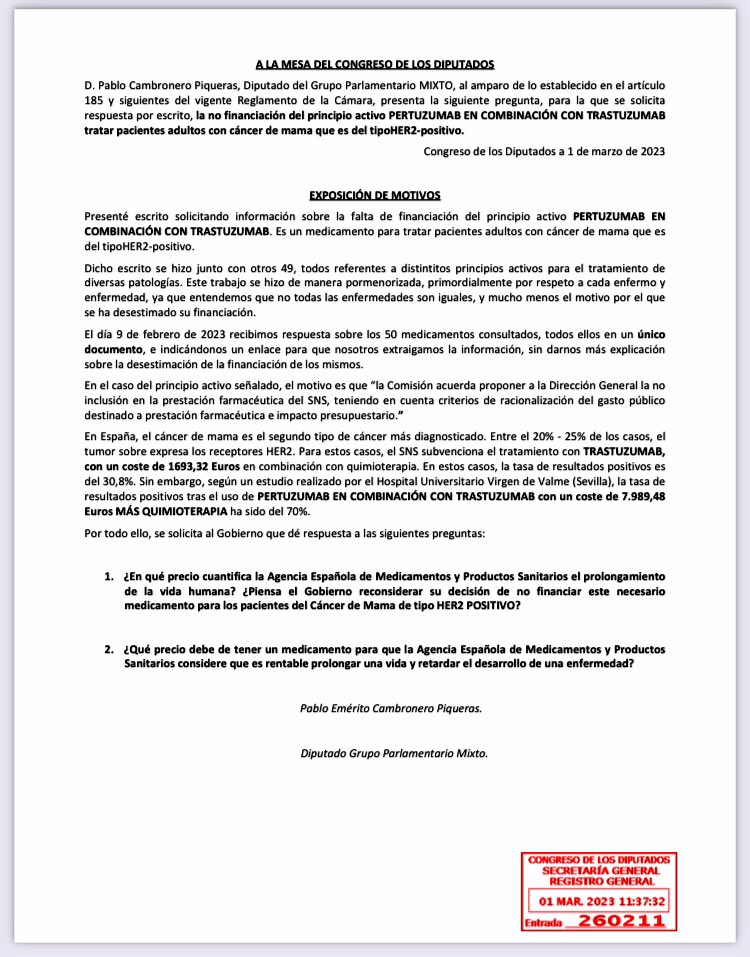 PabloCamPiq's tweet photo. 🔴 Hay personas muriendo de este cáncer (CÁNCER DE MAMA METASTÁSICO TIPO HER2+)

El Gobierno NO FINANCIA el principio activo PERTUZUMAB en combinación con el TRASTUZUMAB, que trata esta terrible enfermedad.

Lo hacen supuestamente por “racionalización del gasto público”

Indigno. https://t.co/h3tMjvqpmQ