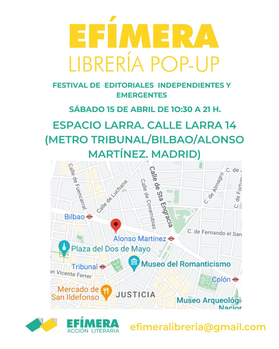 EfimeraLit's tweet photo. 🌸¡YA TENEMOS ESPACIO PARA ESTA NUEVA EDICIÓN!🌸

Lugar: Espacio Larra, en la calle Larra 14, Madrid. Metro Bilbao, Tribunal y Alonso Martínez
Horario de festival: de 10:30 a 21:00

https://t.co/E7aEbks2lW https://t.co/9prSnvc0rb