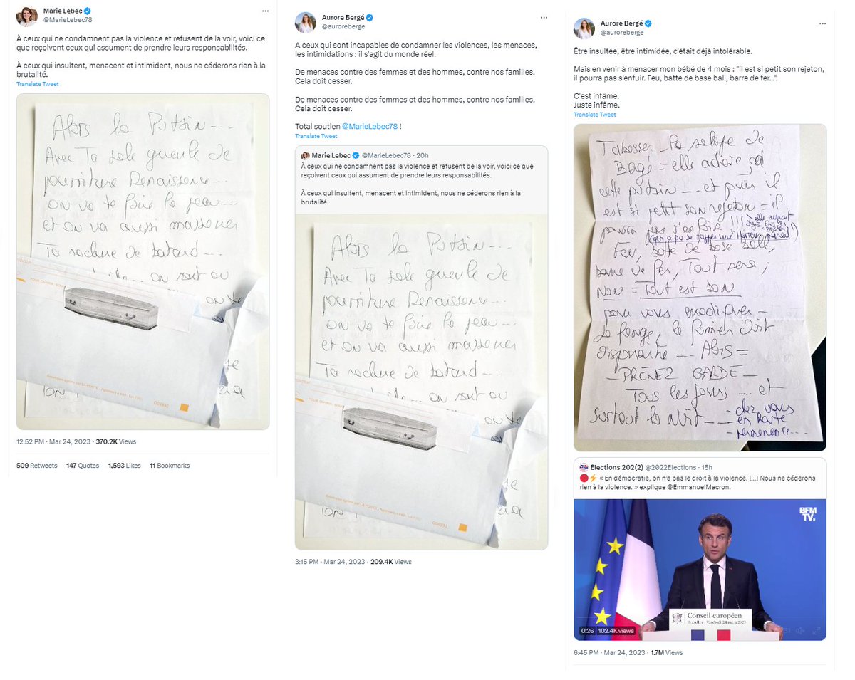 Babar_le_Rhino's tweet photo. Le procédé est honteux, @MarieLebec78 et @auroreberge ont utilisé la même écriture et surtout la même feuille recto-verso pour écrire leurs fausses menaces et ainsi se positionner en victimes

En attendant, ce sont les Français qui subissent la réforme et les #ViolencesPolicières https://t.co/LWZGZ1G9fC