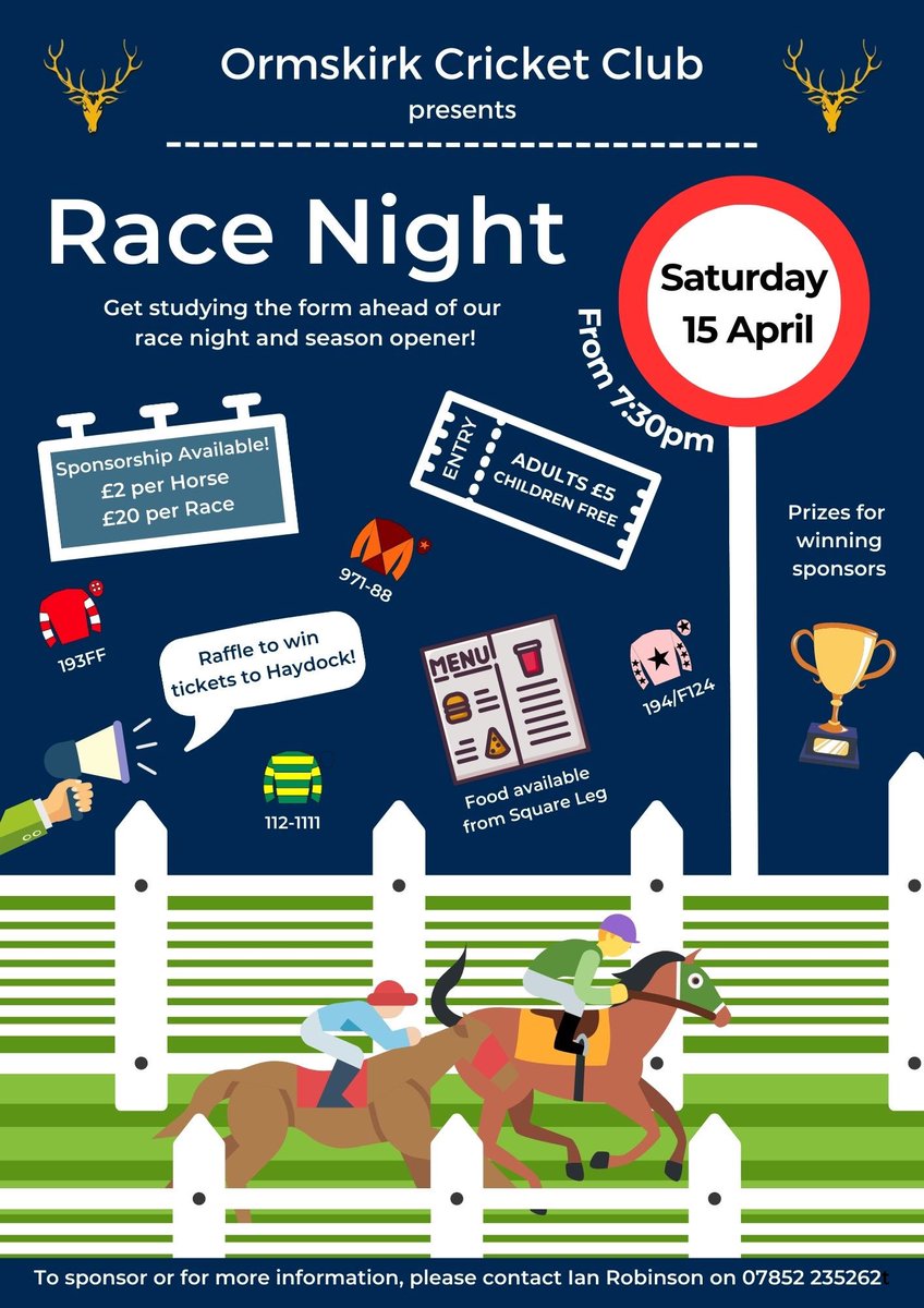 Ormskirk_CC's tweet photo. 🐎 Race Night - Saturday 15 April

Grand National Day, our first game of the season and Race Night.

Following our First XI game v @WallaseyCC, we will be hosting a race night and our season opener!

No better way to kick the season off!

🎟️ Please contact @IRobbo7 for more info https://t.co/ZYB44XPztd