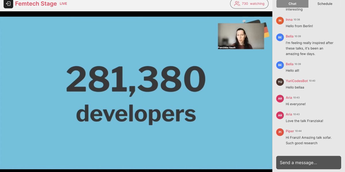Amazing to have Franziska speaking on Developer Insights in Germany on our #FemTechConf Stage today!

Join live: live.femtechconf.com/stage/c