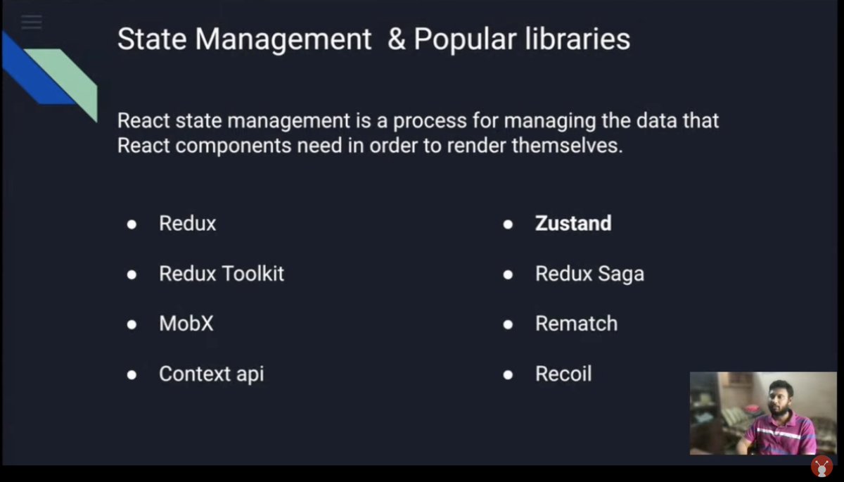 geekyants's tweet photo. Hereβs our first speaker, @paicube, CoinDCX, Senior Frontend Developer.
In his talk titled, βState Management using Zustand for Reactβ, he is talking about the usage of Zustand for state management in React.
Join us here - https://t.co/WHrvQ28CTr
#reactnextjsmeetup #meetup https://t.co/JnHktd0Z9w
