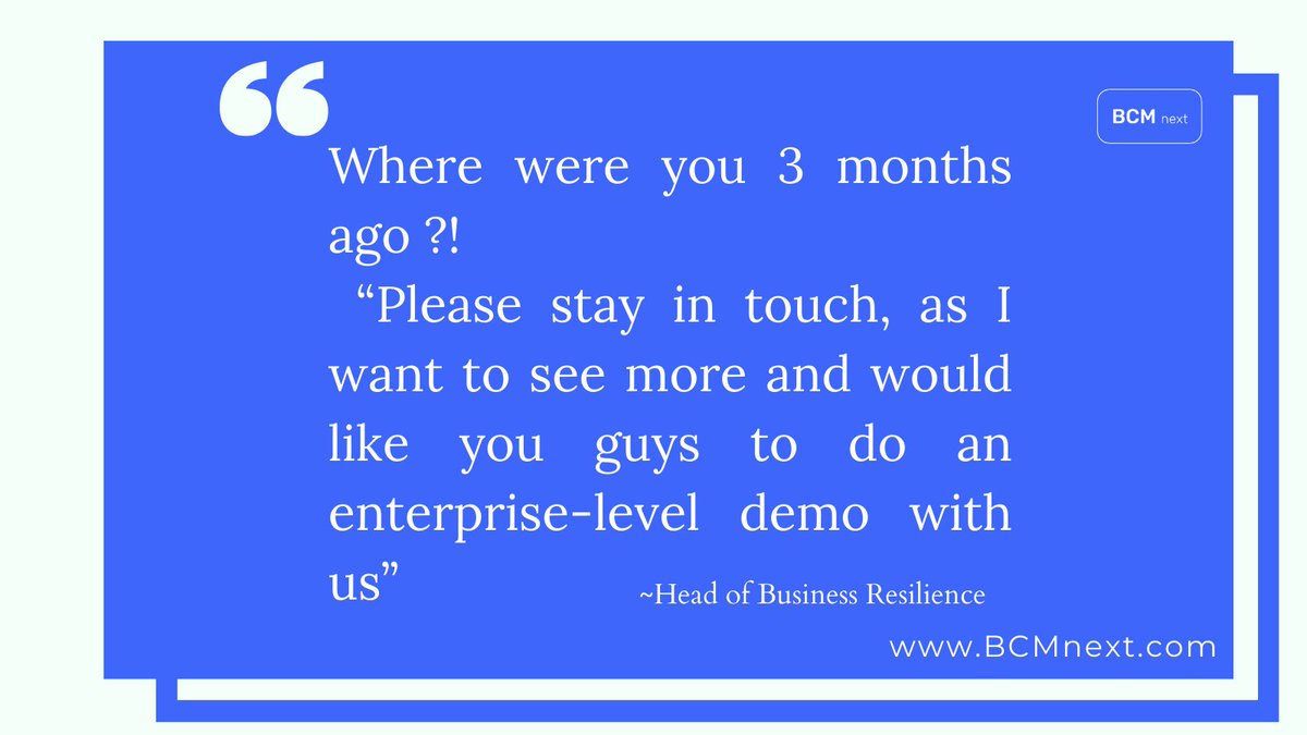 BCM_next's tweet image. This is what our business client has to say about us. 
Experience the next evolution
bcmnext.com 
.
#testimonial #bcmnext #disasterrecovery #review #business #crisismanagement #resilience #technology #customerreview #businesscontinuityplan #businessresilience