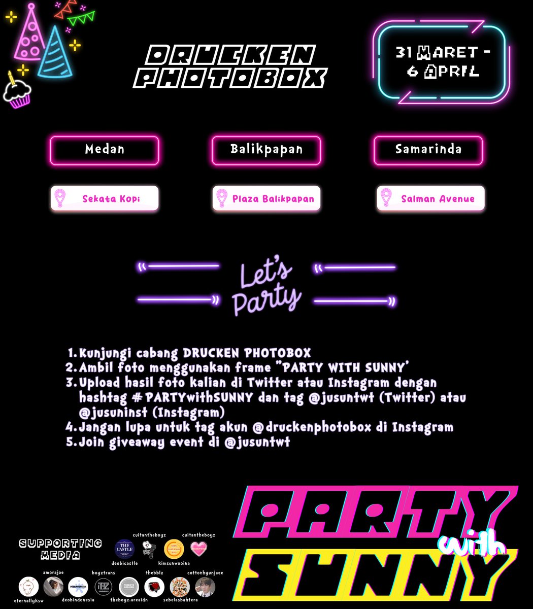 🥳 #PARTYwithSUNNY at DRUCKEN

📅 31.03 - 06.04
📍 Medan (Sekata Kopi), Balikpapan (Plaza Balikpapan), Samarinda (Salman Avenue)