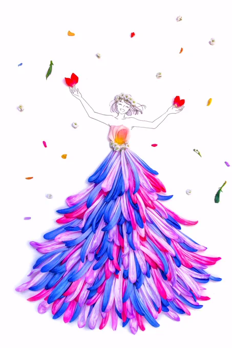 お花生産量全国一の愛知県田原市のお花を使って描きました花言葉は、マム「高貴」バラ「美、愛」カスミソウ 「清らかな心」ガーベラ「希望」GWに田原市産のお花で約3メートルの大型フラワードレス作品を展示します お近くの方はぜひ見に来てください～ 