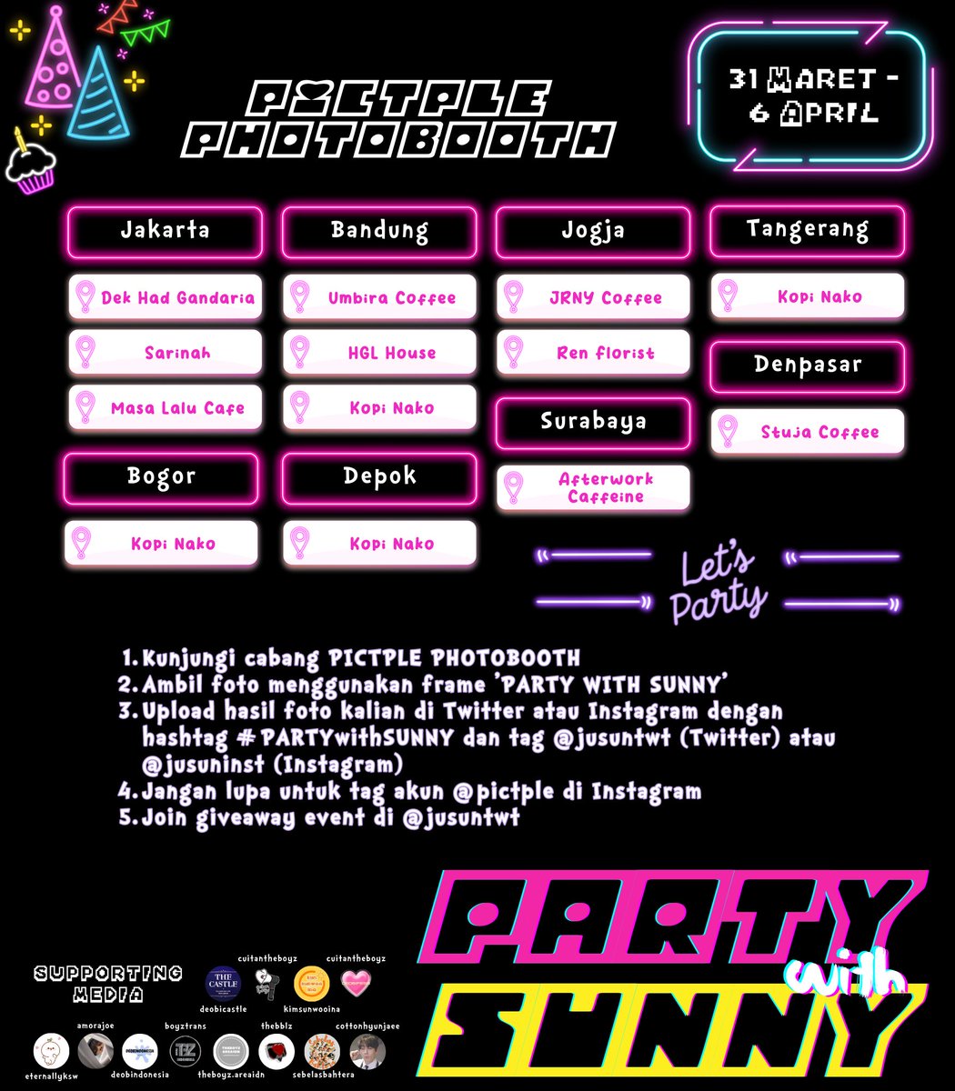 🥳 #PARTYwithSUNNY at PICTPLE

📅 31.03 - 06.04
📍 Jakarta, Bandung, Jogja, Tangerang, Bogor, Depok, Surabaya, Denpasar