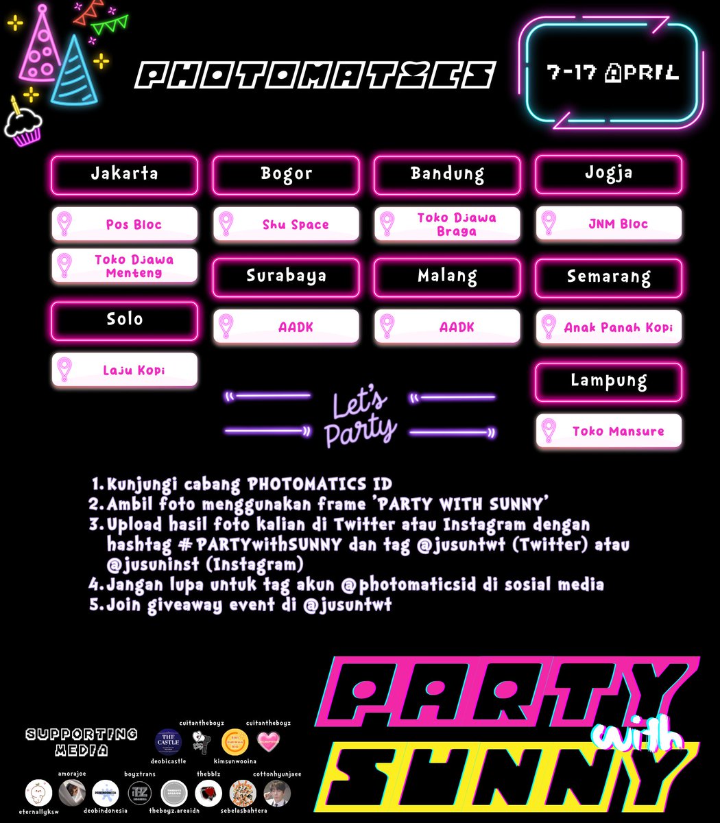 🥳 #PARTYwithSUNNY at PHOTOMATICS ID

📅 07.04 - 17.04
📍 Jakarta, Bogor, Bandung, Jogja, Solo, Semarang, Surabaya, Malang, Lampung
