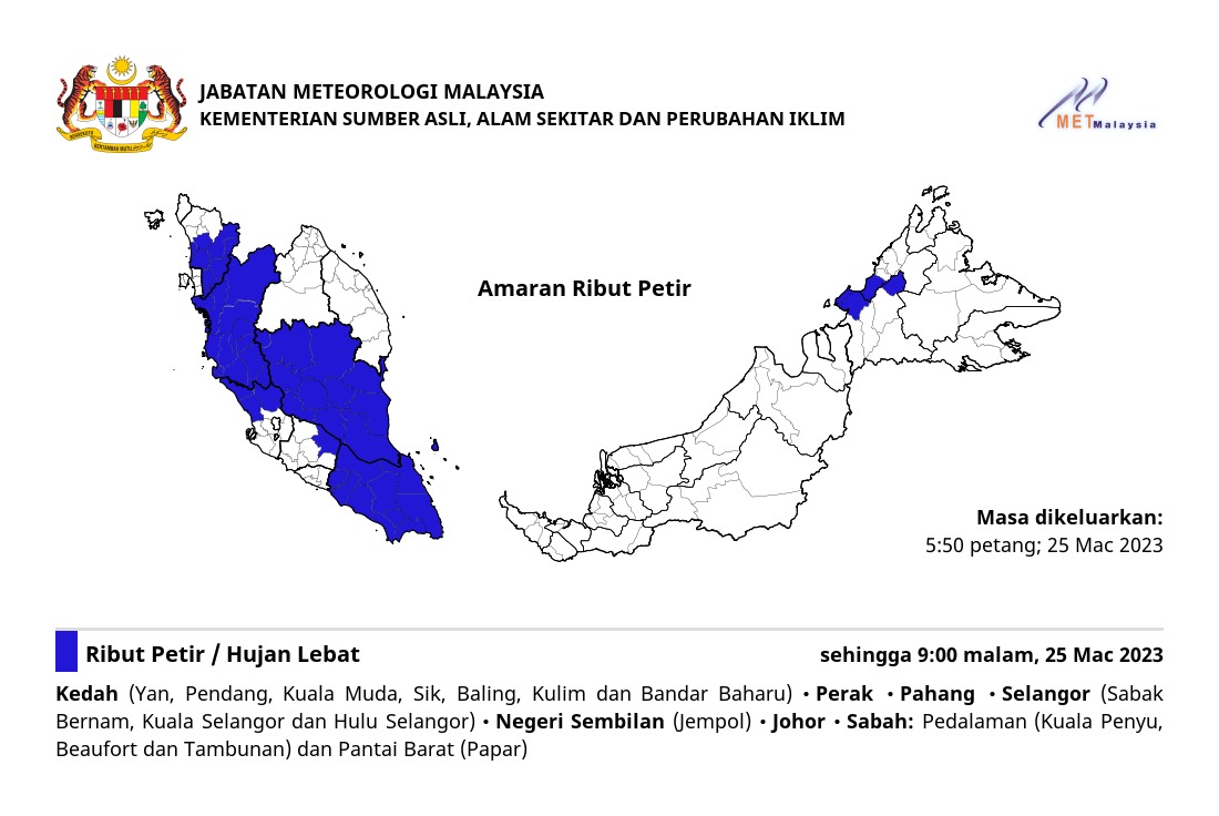 metmalaysia's tweet photo. AMARAN RIBUT PETIR. ⛈⛈⛈

Dikeluarkan pada: 5:50 petang, 25 Mac 2023

#ributpetirmetmalaysia
#MenangBersama
#LindungDiriLindungSemua
#metmalaysia https://t.co/Nt1EsTaLs1