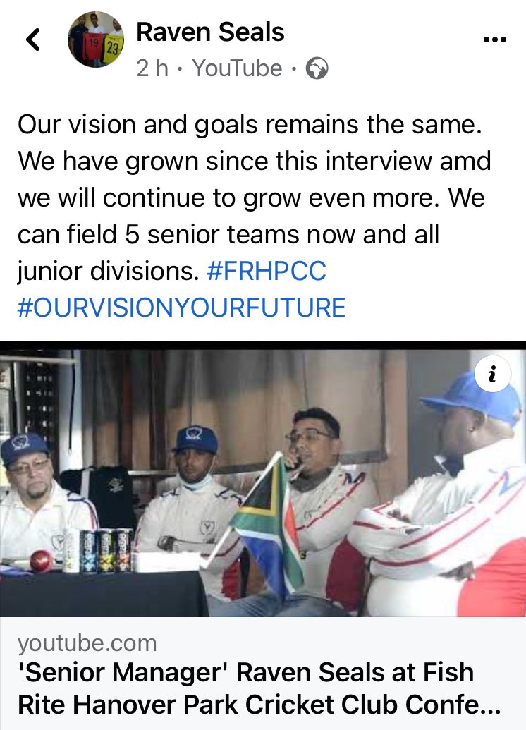 HPCricketClub's tweet photo. Raven Seals, our Senior Manager & Match Secretary. #FRHPCC #BreakingBoundaries #OurVisionOurFuture 🏏🇿🇦💙💚 https://t.co/AFkn06U9sB