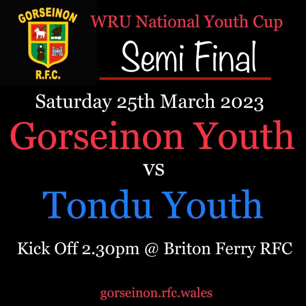 Good luck to Gorseinon Youth today in the WRU cup semi. 💪