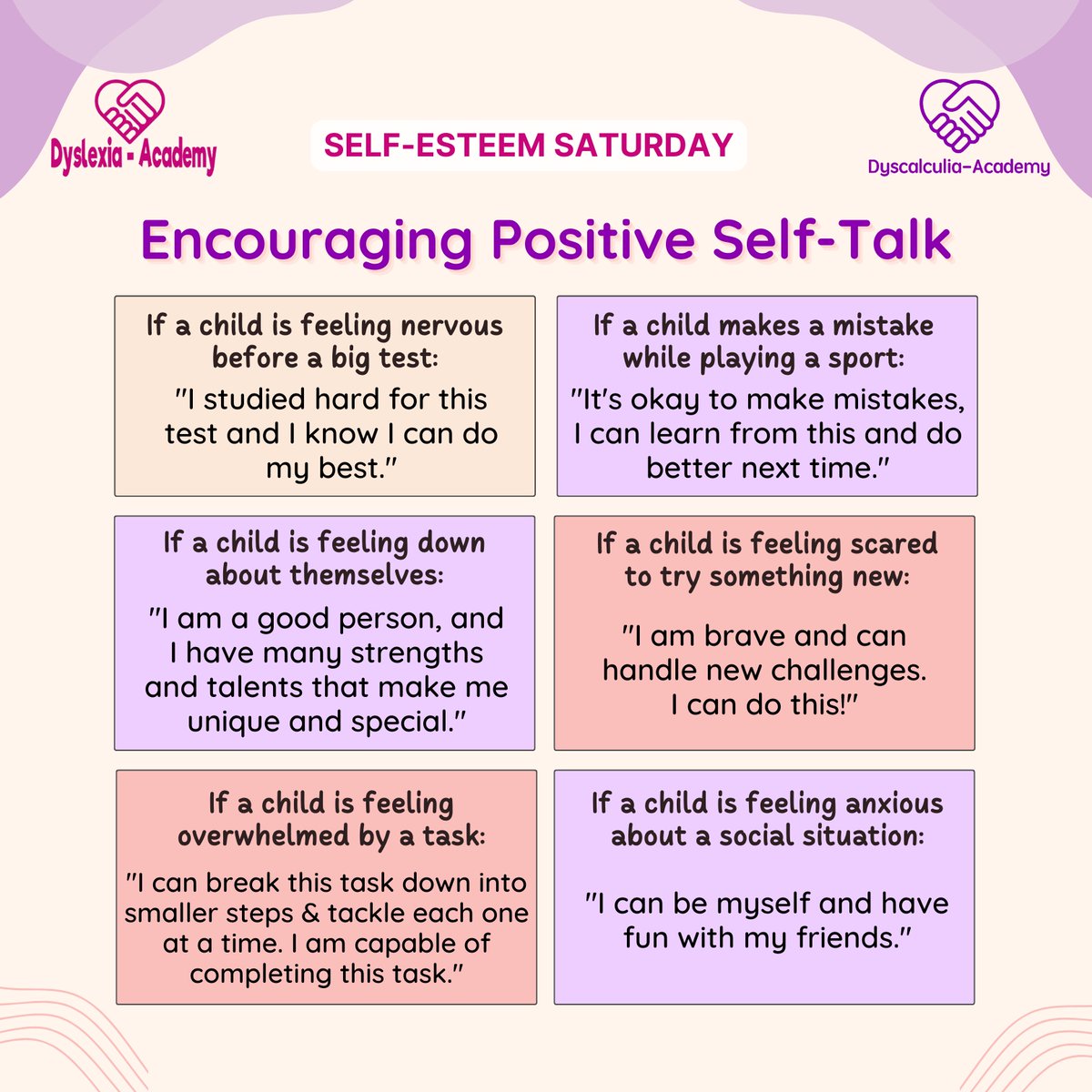 AcademyDyslexia's tweet photo. By encouraging positive self-talk, children can learn to manage their emotions and build a sense of self-worth, which can help them cope with challenges and setbacks.

#dyslexia #dyslexiaawareness #dyslexic #dyslexiasupport #dyscalculia #neurodiversity #mathsdifficulties https://t.co/1B7tURAhql