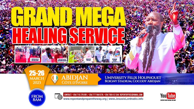 Partson87474054's tweet photo. Welcome today for healing service in Abidjan in Ivory Coast. The God of Heaven, the God of His Two Mega Mightiest Prophets is coming to heal all the sickness under the sun today. 
#AbidjanHealingService https://t.co/GYD8JzTBxo