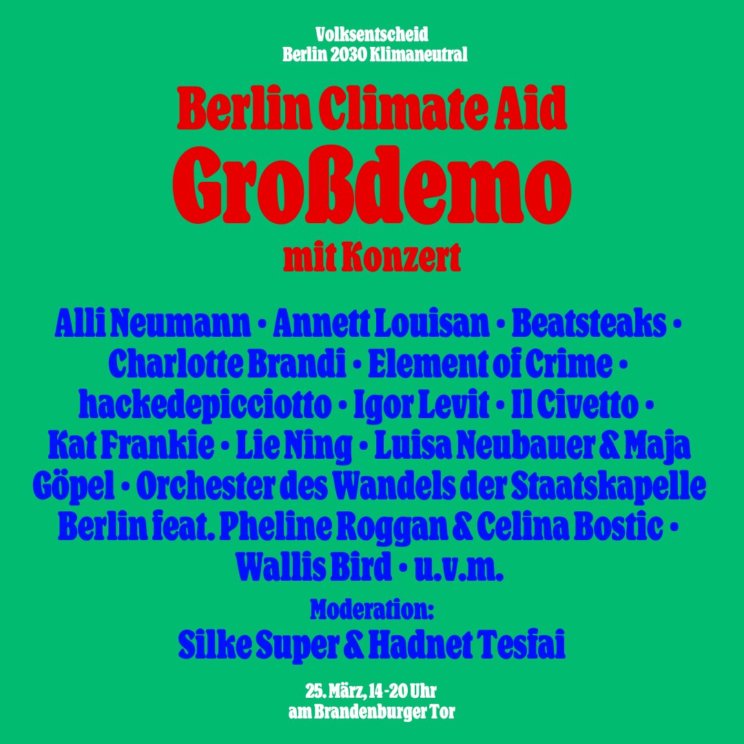 Sehen wir uns heute ab 14 Uhr am Brandenburger Tor? Gemeinsam mit Euch und vielen Künstler:innen werden wir laut für einen schnelleren Weg zur Klimaneutralität. Danke an alle Engagierten. #Berlin2030