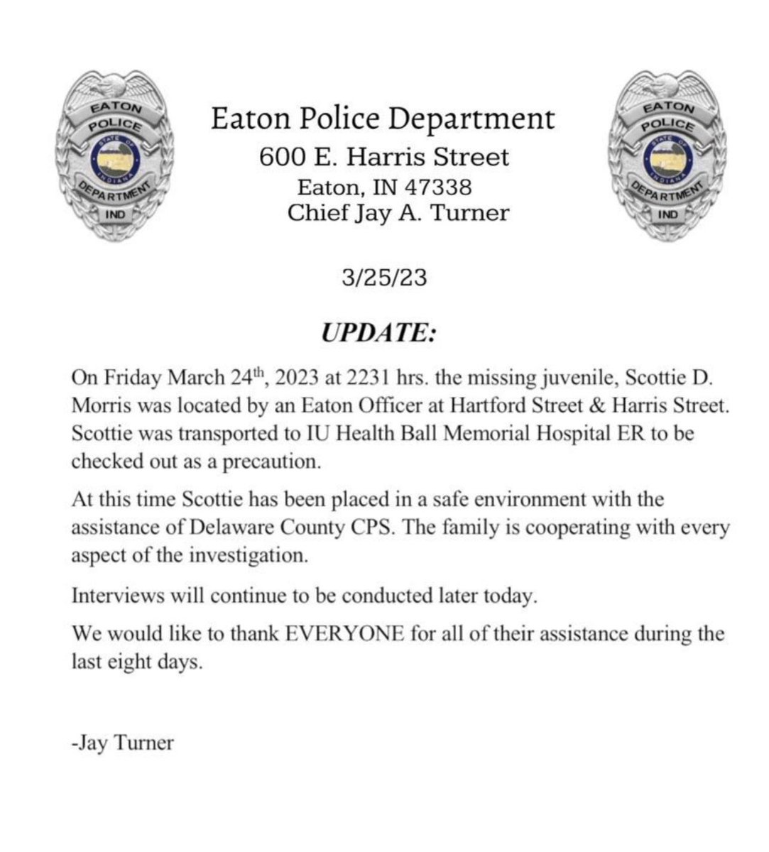 ColdCaseTips's tweet image. This is the right call. Eaton Police Department has worked tirelessly and are focused on Scottie.
