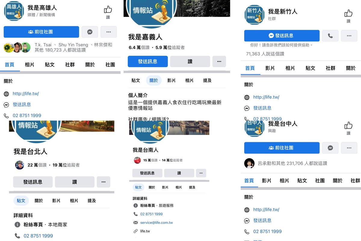 dabowagaga's tweet photo. 各位留意一下，臉書上有粉專叫做
「我是XX人」的，我查了一下全台灣縣市他們都申請了粉專（如圖2），
粉絲都十幾萬人，然後電話全部同一支，全部由Life生活網經營，一家專門貼中天新聞的網站。

這種不是什麼高雄人台南人各地民眾自己弄得粉專喔！

紅媒望周知！

https://t.co/Qoc0QIsBT7 https://t.co/t3lmBKTthp