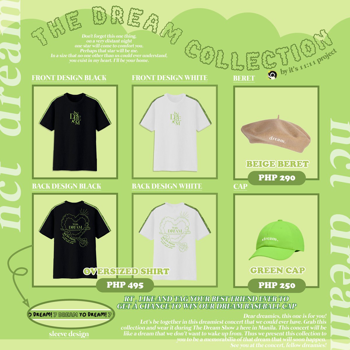 its1111project's tweet photo. ✨PRE-ORDER | THE DREAM COLLECTION 
Here it is! Let us enjoy ourselves this upcoming TDS2 in Manila with this special collection from us. Order now and share if with your best friend ever! 

💸 PhP 250.00 - 495.00
✨DOO/DOP: April 10, 2023
🛒 Shop now: https://t.co/3QXevnHP0S https://t.co/xulN2IIGXZ