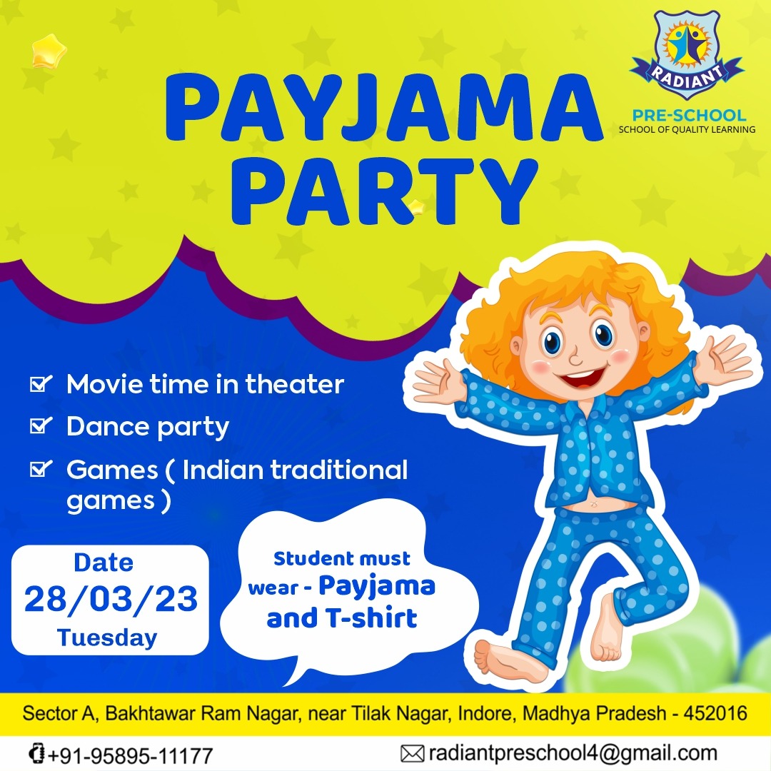 radiant_pre's tweet photo. Payjama Party
On 28/03/2023
Student Must Were -Payjama &amp; T-shirt 

Visit:- https://t.co/Sn5ivWBaK0

#radientpreschool #preschoolinndore #childrenactivity #kidsactivity #indorekids #payjamaparty #radientpreschoolinindore #games https://t.co/lm6OFLNAG0