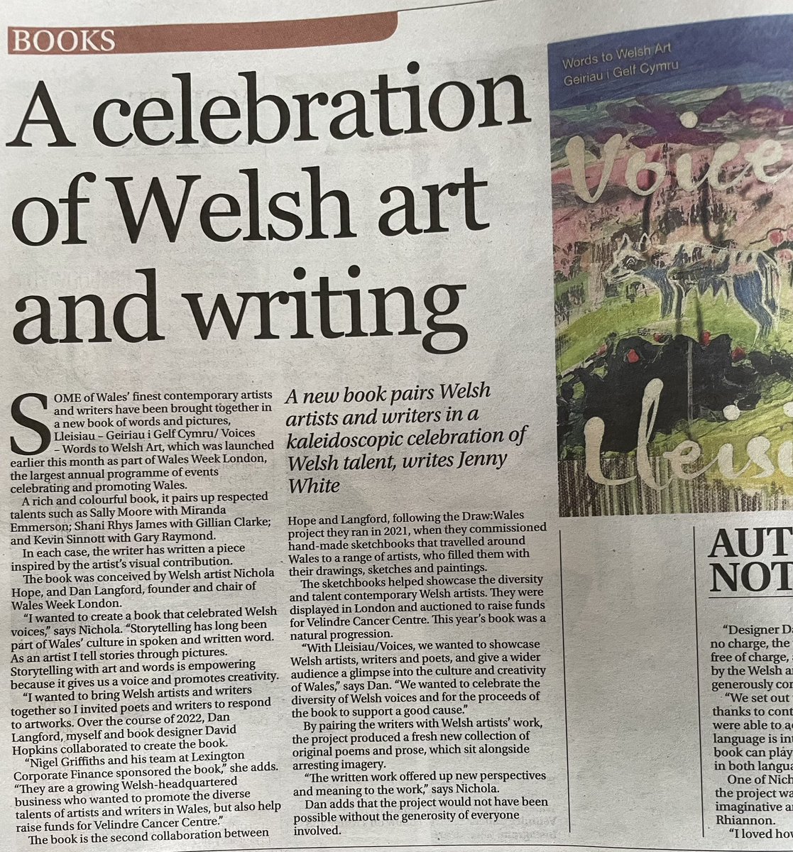 Thanks to the Western Mail for the article about the recent bilingual publication Lleisiau (Voices) celebrating Welsh writers, poets and art. Copies still available and all proceeds for straight to <a href="/Velindre/">Velindre Cancer Centre Fundraising</a>