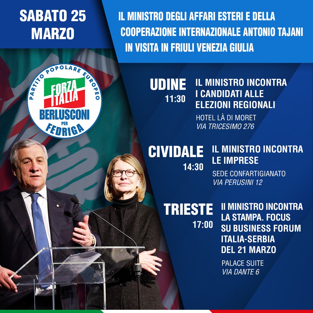 Oggi sarò in visita in Friuli Venezia Giulia. Si inizia da
Udine, poi Cividale e stasera si chiude a Trieste. Vi aspetto! <a href="/forza_italia/">Forza Italia</a>