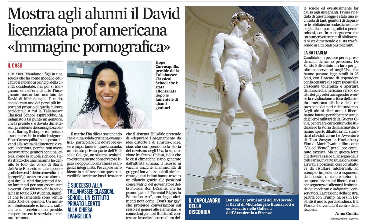 SimoneAlliva's tweet image. Mi spiace molto per il cane di Pavlov in voi ma non “ha statah la #cancelculture” a far licenziare l’insegnante che ha mostrato #Michelangelo ai suoi studenti. 

Ma i conservatori di Trump in Florida, cioè quelli del “don’t say gay”, del “no alla storia del razzismo” e così via.