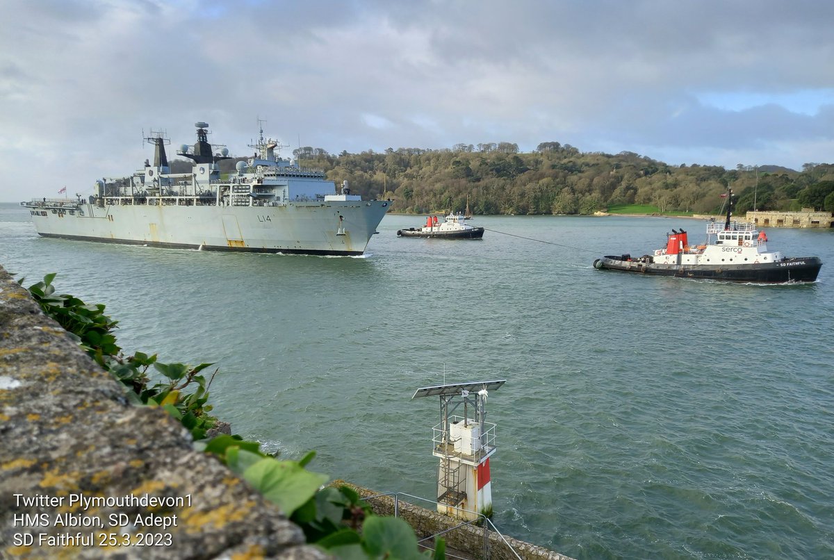 PlymouthDevon1's tweet photo. Pt 2/2: 🇬🇧 HMS Albion (L14), back home to Devonport Plymouth this morning, assisted by tugs SD Faithful, SD Powerful & SD Adept. @hms_albion #HMS #Plymouth #HMSAlbion #L14 #Albion #RoyalNavy #Devonport #SDPowerful #SDAdept #BritainsOceanCity #SDFaithful #Warship @DestinationPlym https://t.co/gI59RvUGw0