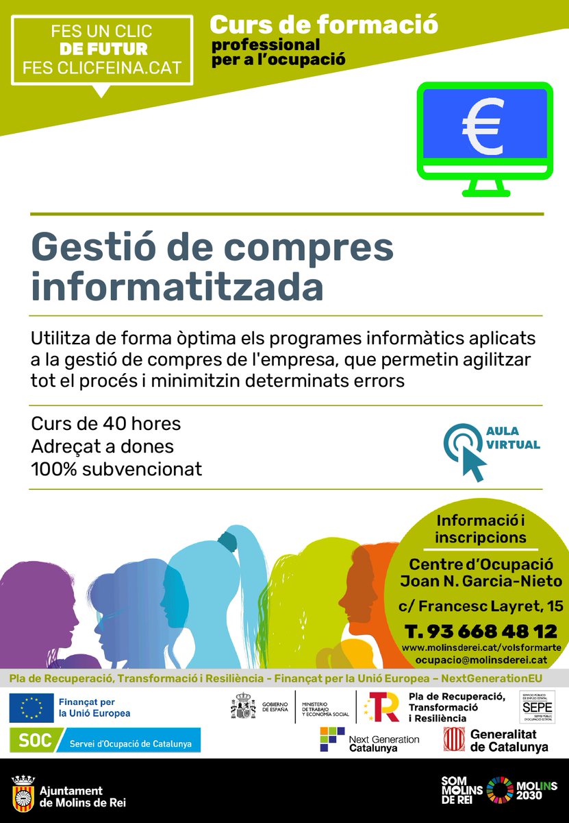 Ocupacio_MdR's tweet photo. 📢Dona, vols aprendre a utilitzar els programes informàtics aplicats a la gestió de compres de l'empresa? Aquest curs de 40 h del #ProgramaADA subvencionat pel @ocupaciocat, és per a tu‼️
Inscripcions:🔗https://t.co/txIgXQ8nrs
#NGEUCat #NextGenerationCat #FonsUECat #MolinsdeRei https://t.co/mtDPHYbqLH