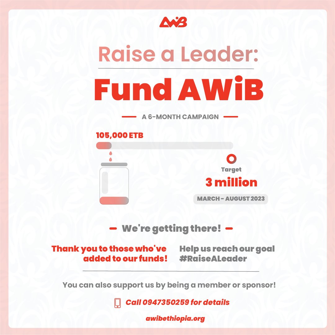 AWiBEthiopia's tweet photo. AWiB provides members with different leadership and networking opportunities. In addition, it has programs aimed at impacting our community.
Help us continue to amplify the need to work on the youth for a sustainable future! #RaiseALeader
AWiB aspires to inspire! https://t.co/YBpyLRmYM1