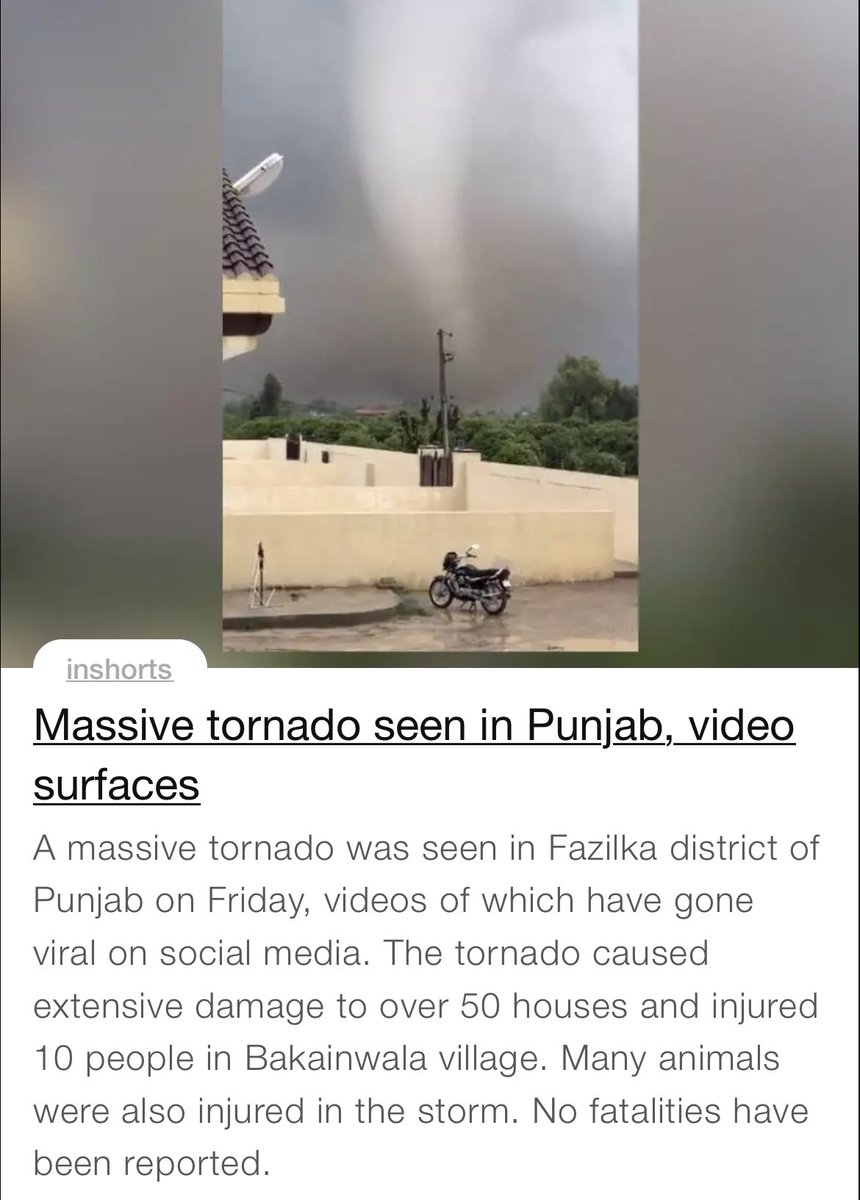 DreamsRealising's tweet photo. A video of a massive #tornado in #Punjab has gone viral. A village in Punjab's #Fazilka district was hit. According to media reports, the tornado damaged 30 houses and over one dozen people were injured.
#ClimateChange https://t.co/vCTiE474ge