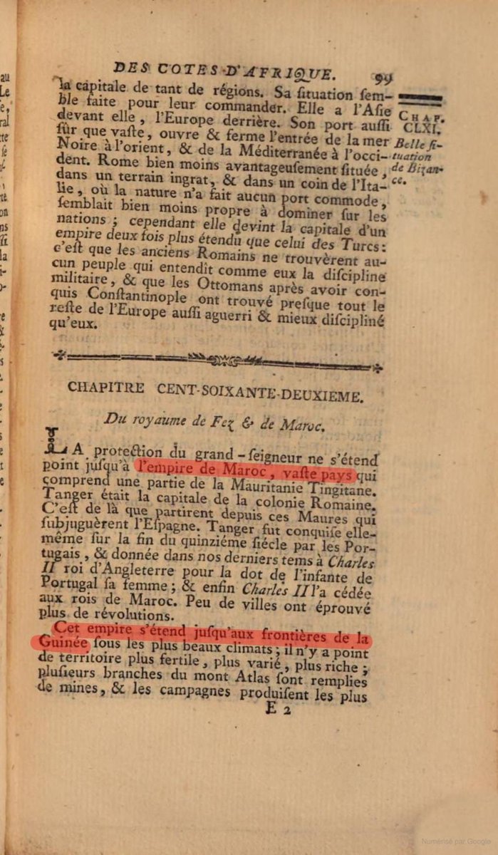 🗓 1756 ~ 
« L'empire du Maroc, vaste pays. Cet empire s'étend jusqu'aux frontières de la Guinée. » 

« C'est de là (Tanger) que partirent depuis ces Maures🇲🇦 qui subjuguèrent l'Espagne. » 

📗📚 : Œuvres complètes de Voltaire, essai sur les moeurs. 
#voltaire #empire #history