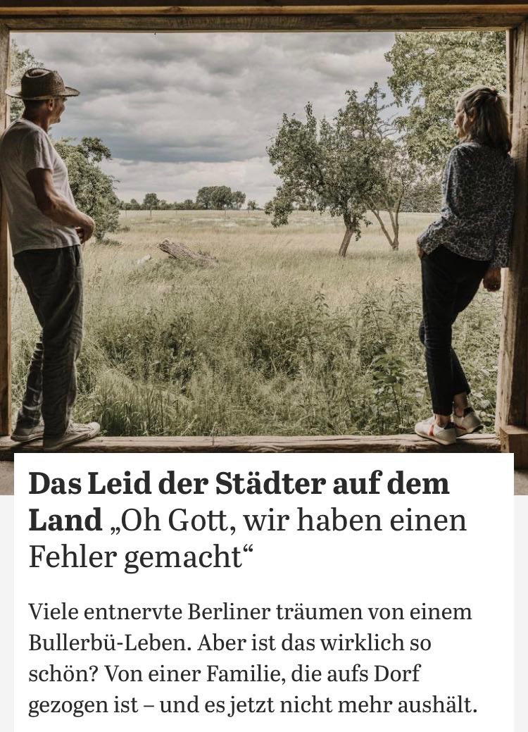 Schon mein ruraler Schwiegervater sagte, aus einem Landmenschen könne leicht ein Städter werden; aber er habe noch keinen Stadtmenschen erlebt, der es wirklich auf Dauer bei ihnen auf dem Land ausgehalten habe.

<a href="/daniel_erk/">Daniel Erk</a> mit Empathie im <a href="/Tagesspiegel/">Tagesspiegel</a>: tagesspiegel.de/gesellschaft/l…