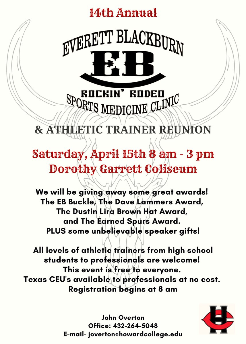 Howard College Athletic Training will host the 14th Annual Everett Blackburn Rockin' Rodeo Sports Medicine Clinic and Athletic Trainer Reunion on Saturday, April 15, 2023. All levels of Athletic Trainers are welcome to attend, from high school students to professionals.

In ad...