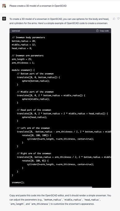 Took a bit but @OpenAI can *sort of* output @openscad 3D models. A lot of errors and not great though-<a class="tags" target="_blank" title="On Twitter" href="/?out=eyJ0eXAiOiJKV1QiLCJhbGciOiJIUzUxMiJ9.eyJpYXQiOjE3MjQ0MjQ2NTIsImlzcyI6InR3cG9ybnN0YXJzLmNvbSIsIm5iZiI6MTcyNDQyNDY1MiwiZXhwIjoxNzU1OTYwNjUyLCJyZWRpcmVjdF91cmwiOiJodHRwczovL3R3aXR0ZXIuY29tL09wZW5BSSJ9.ZeEZ8NbsvNVahjb-dmBvIOweguVRgZC2PfIaF6Svn2dB7fcZgBgq2hshpisna7MpzRwabAf1O1QUSP1Cu3hKYQ">@OpenAI</a><a class="tags" target="_blank" title="On Twitter" href="/?out=eyJ0eXAiOiJKV1QiLCJhbGciOiJIUzUxMiJ9.eyJpYXQiOjE3MjQ0MjQ2NTIsImlzcyI6InR3cG9ybnN0YXJzLmNvbSIsIm5iZiI6MTcyNDQyNDY1MiwiZXhwIjoxNzU1OTYwNjUyLCJyZWRpcmVjdF91cmwiOiJodHRwczovL3R3aXR0ZXIuY29tL29wZW5zY2FkIn0.NvCPEPqoHl9V6QwBKl4GbDhlrO3zKlZoX0oq60R2t6VlJsnSKvfGdYoi9c4ioZkBkuC0P0b4UOx5dWpLuMVtDg">@openscad</a>