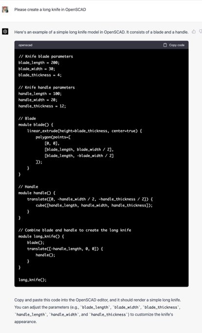 Took a bit but @OpenAI can *sort of* output @openscad 3D models. A lot of errors and not great though-<a class="tags" target="_blank" title="On Twitter" href="/?out=eyJ0eXAiOiJKV1QiLCJhbGciOiJIUzUxMiJ9.eyJpYXQiOjE3MjQ0MjQ2NTIsImlzcyI6InR3cG9ybnN0YXJzLmNvbSIsIm5iZiI6MTcyNDQyNDY1MiwiZXhwIjoxNzU1OTYwNjUyLCJyZWRpcmVjdF91cmwiOiJodHRwczovL3R3aXR0ZXIuY29tL09wZW5BSSJ9.ZeEZ8NbsvNVahjb-dmBvIOweguVRgZC2PfIaF6Svn2dB7fcZgBgq2hshpisna7MpzRwabAf1O1QUSP1Cu3hKYQ">@OpenAI</a><a class="tags" target="_blank" title="On Twitter" href="/?out=eyJ0eXAiOiJKV1QiLCJhbGciOiJIUzUxMiJ9.eyJpYXQiOjE3MjQ0MjQ2NTIsImlzcyI6InR3cG9ybnN0YXJzLmNvbSIsIm5iZiI6MTcyNDQyNDY1MiwiZXhwIjoxNzU1OTYwNjUyLCJyZWRpcmVjdF91cmwiOiJodHRwczovL3R3aXR0ZXIuY29tL29wZW5zY2FkIn0.NvCPEPqoHl9V6QwBKl4GbDhlrO3zKlZoX0oq60R2t6VlJsnSKvfGdYoi9c4ioZkBkuC0P0b4UOx5dWpLuMVtDg">@openscad</a>
